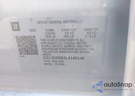 2020 Chevrolet Sonic Fwd Lt from USA, damaged, VIN 1G1JD5SB3L4140148